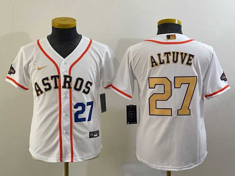 Youth Houston Astros #27 Jose Altuve Number 2023 White Gold World Serise Champions Patch Cool Base Jersey